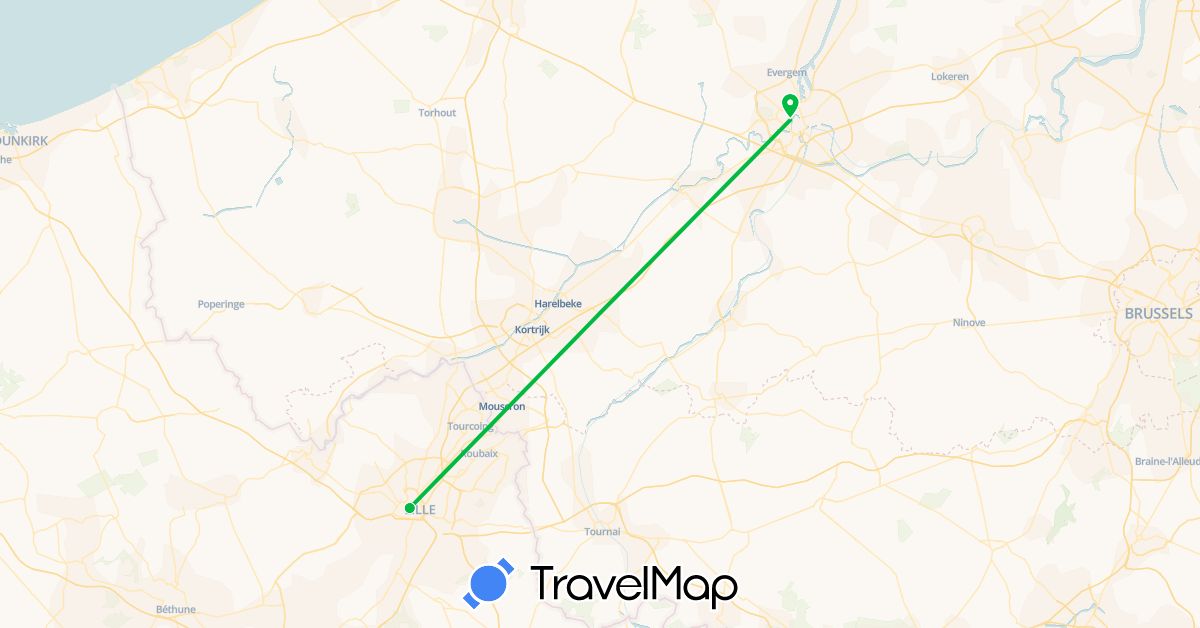 TravelMap itinerary: driving, bus in Belgium, France (Europe)